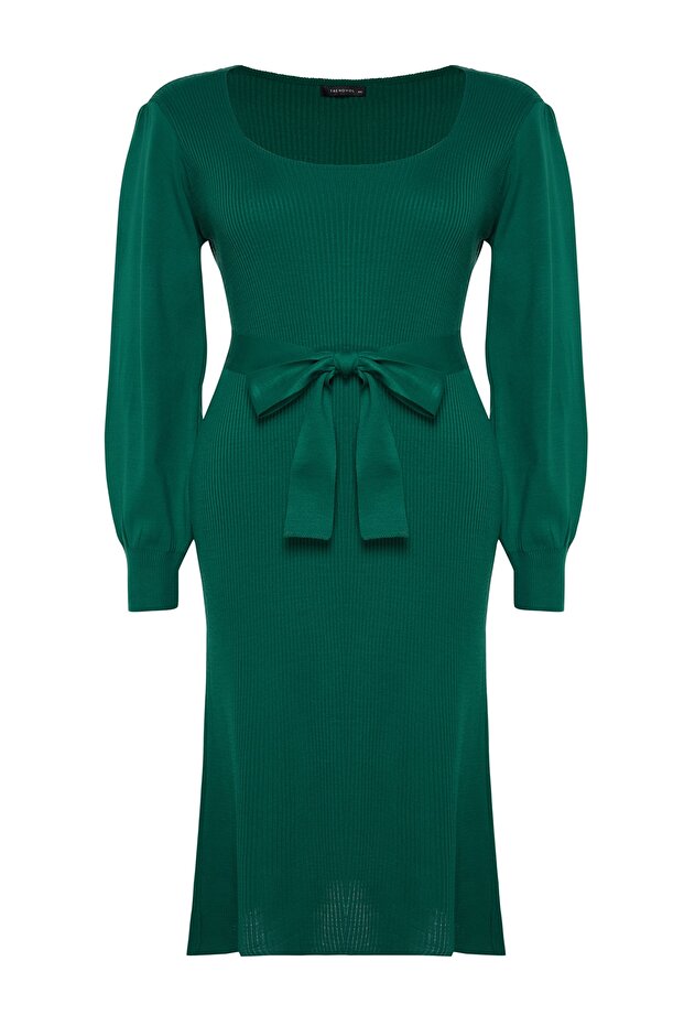 Zielona prążkowana dopasowana sukienka midi z dzianiny Tbbaw23Ah00032 - 6