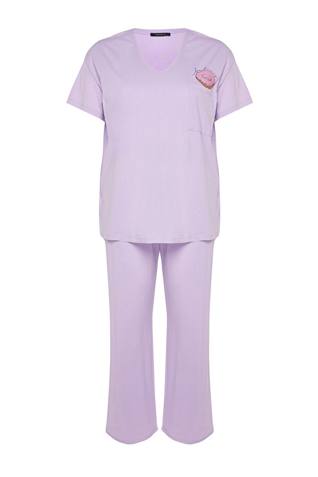 Lila Baskılı Cep Detaylı Örme Pijama Takımı TBBAW24AI00004 - 7