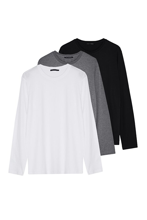 Antrasit Melanj-Beyaz-Siyah Regular/Normal Kesim 3'lü Paket %100 Pamuk Tok T-shirt TMNAW21TS0197 - 2