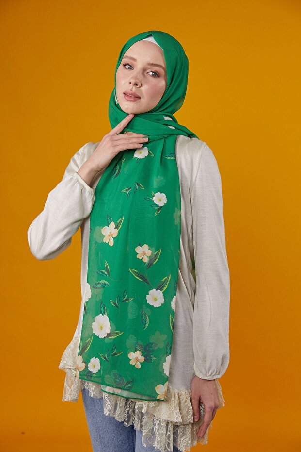 شال شيفون منقوش بالزهور - أخضر - 1