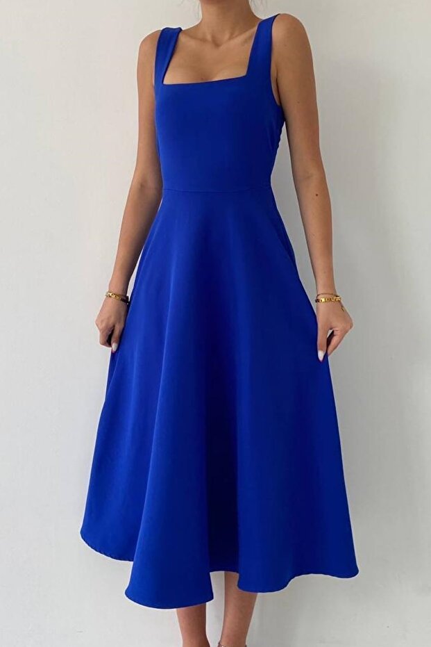 Women's square neck thick strap designed midi length cobalt blue dress 151
