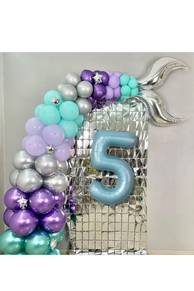 Mermaid Birthday Concept Balloon Chain Number Balloon and Background Curtain