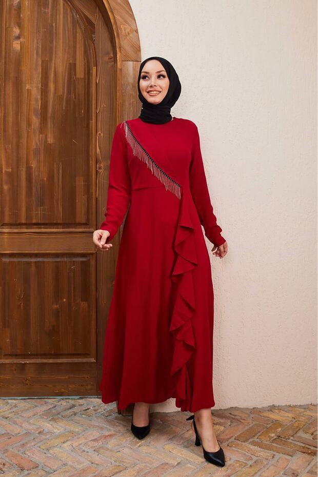 women chain detailed imported fabric islamic dress SMS029