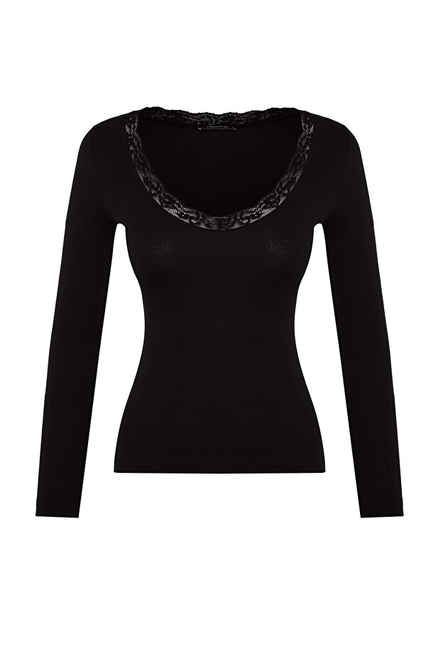Siyah V Yaka Dantel Detaylı Fitilli Fitted/Vücuda Oturan Pamuklu Esnek Örme Bluz TWOAW24BZ00070 - 6