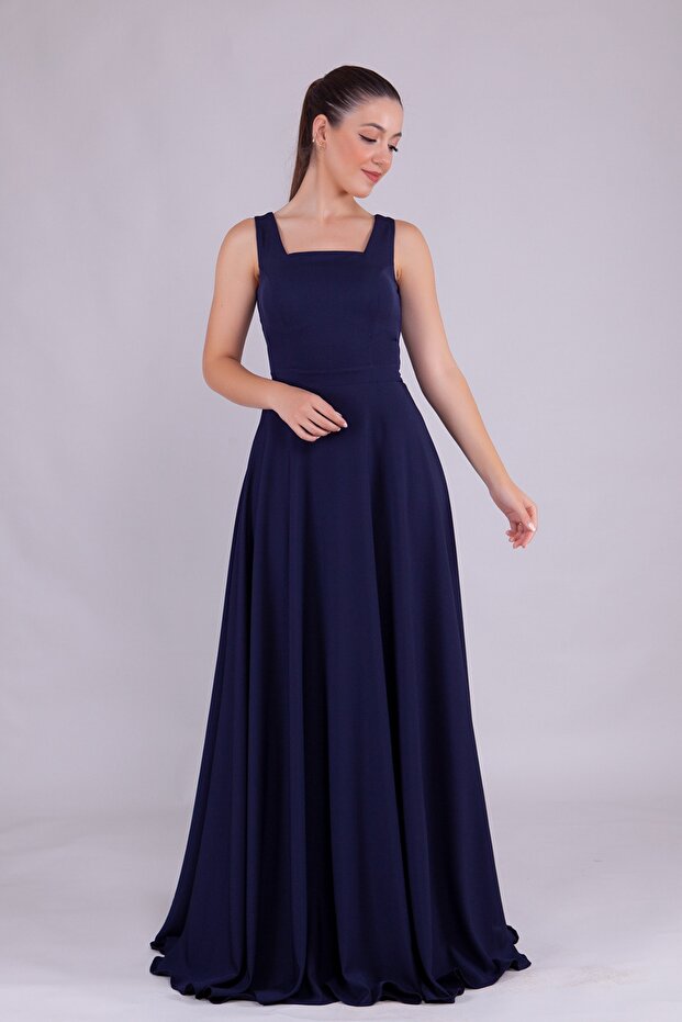 Navy Blue Square Collar Sleeveless Wide Strap Woven Draped Fabric Maxi Length Flared Evening Dress