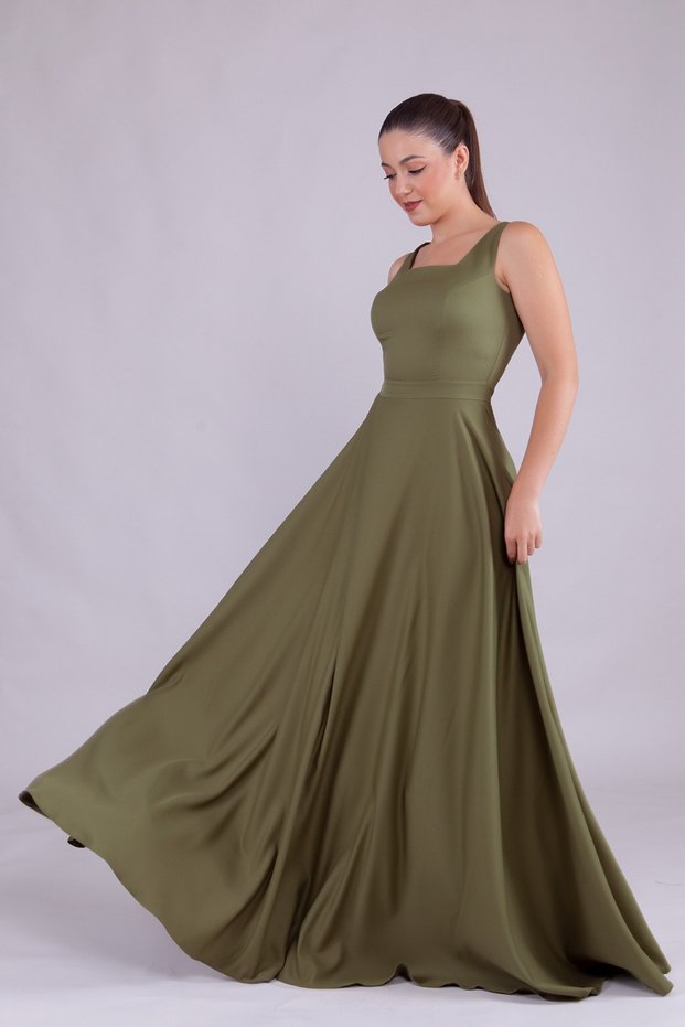 Khaki Square Collar Sleeveless Wide Strap Woven Draped Fabric Maxi Length Flared Evening Dress