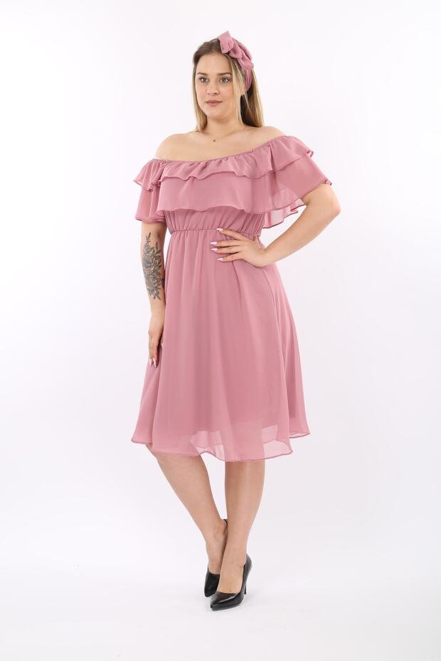 Women's Collar Belted Plus Size Rose Chiffon Dress