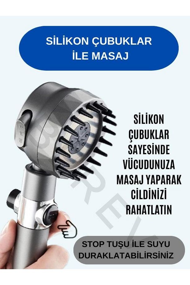Yüksek Basınçlı Masaj Taraklı 3 Kademeli Aç Kapa Su Tasarruflu Filtre Hazneli Gri Banyo Duş Başlığı - 5