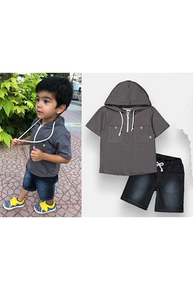 Boy's 2-Piece Set with Denim Pants and Short-Sleeve Hoodie - Age 3-6 - 2093