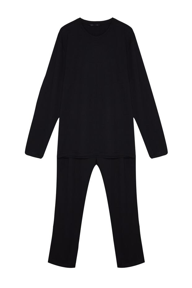 Siyah Regular Kesim Uzun Kol Örme Pijama Takımı TMNAW24PT00008 - 7