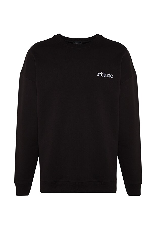 Siyah Bisiklet Yaka Oversize/Geniş Kesim Yazı Nakışlı Diagonal Sweatshirt TMNAW24SW00039 - 7
