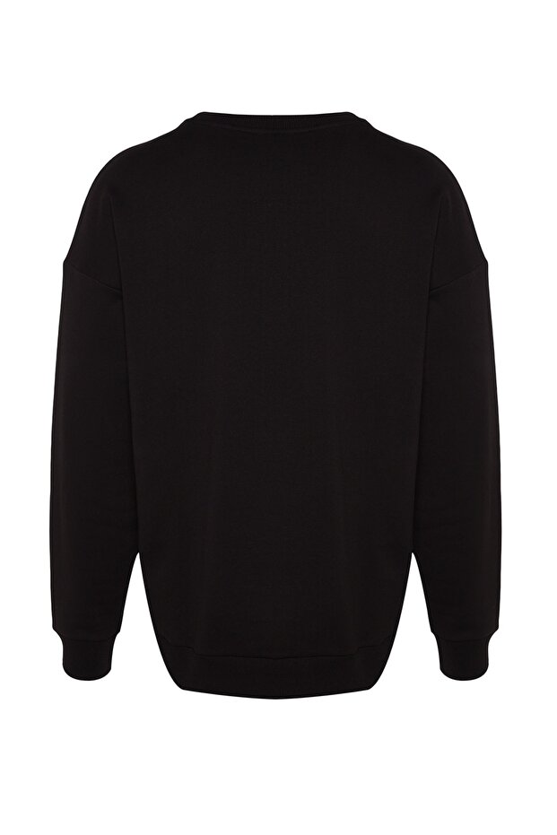 Siyah Bisiklet Yaka Oversize/Geniş Kesim Yazı Nakışlı Diagonal Sweatshirt TMNAW24SW00039 - 9