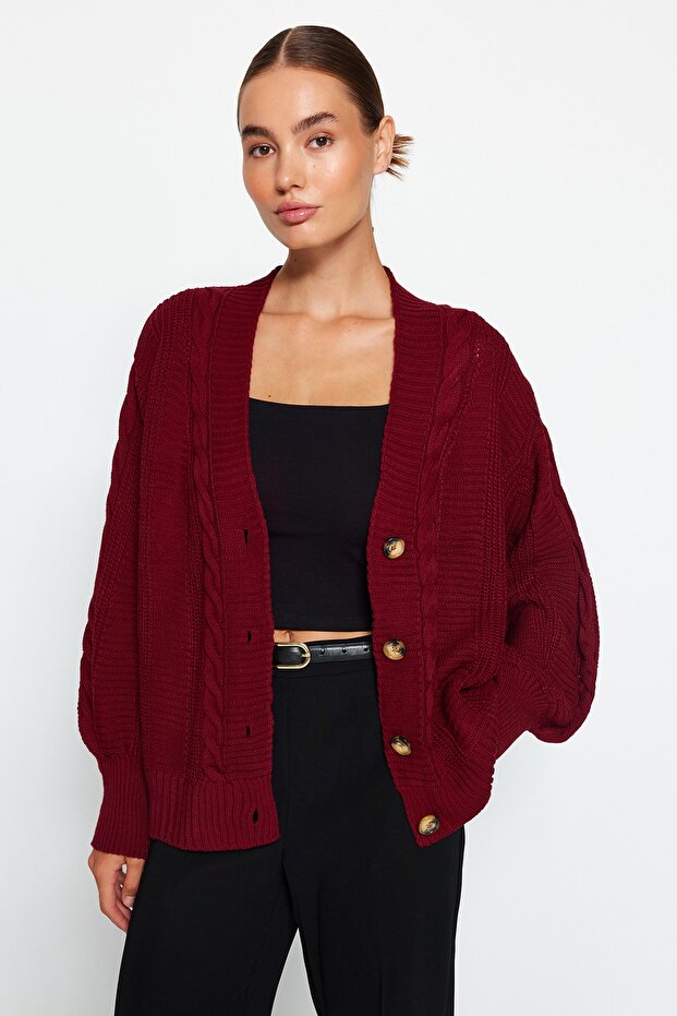 Bordo Geniş Kalıp Triko Hırka TWOAW22HI0176 - 2
