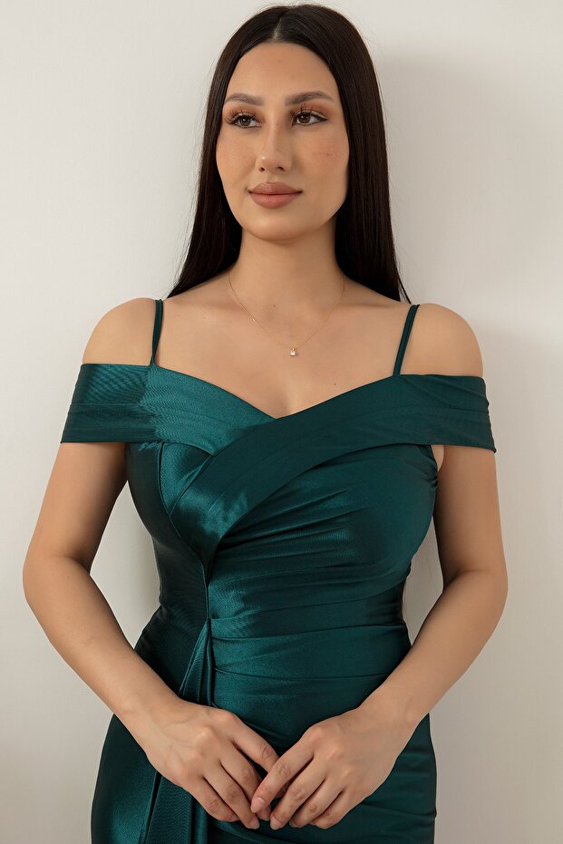 Askılı Pileli Saten Elbise 39423 - 3