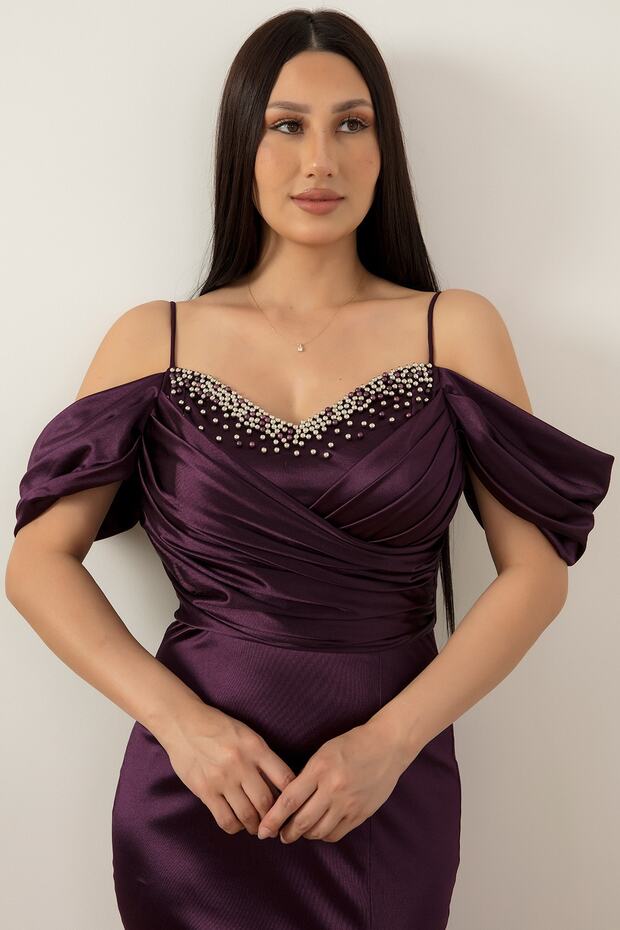 Göğüs Boncuklu Askılı Saten Elbise 39657 - 3