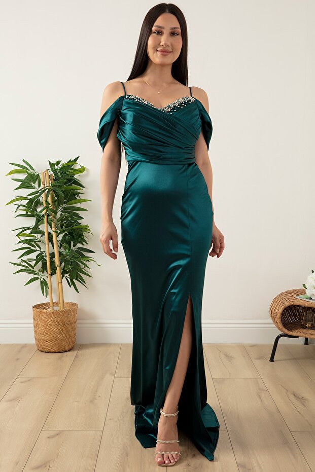 Göğüs Boncuklu Askılı Saten Elbise 39657 - 1