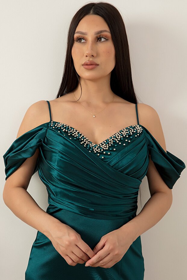 Göğüs Boncuklu Askılı Saten Elbise 39657 - 3
