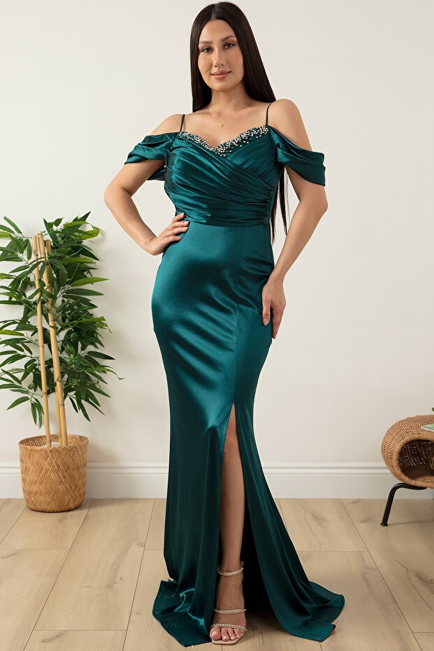 Göğüs Boncuklu Askılı Saten Elbise 39657 - 4