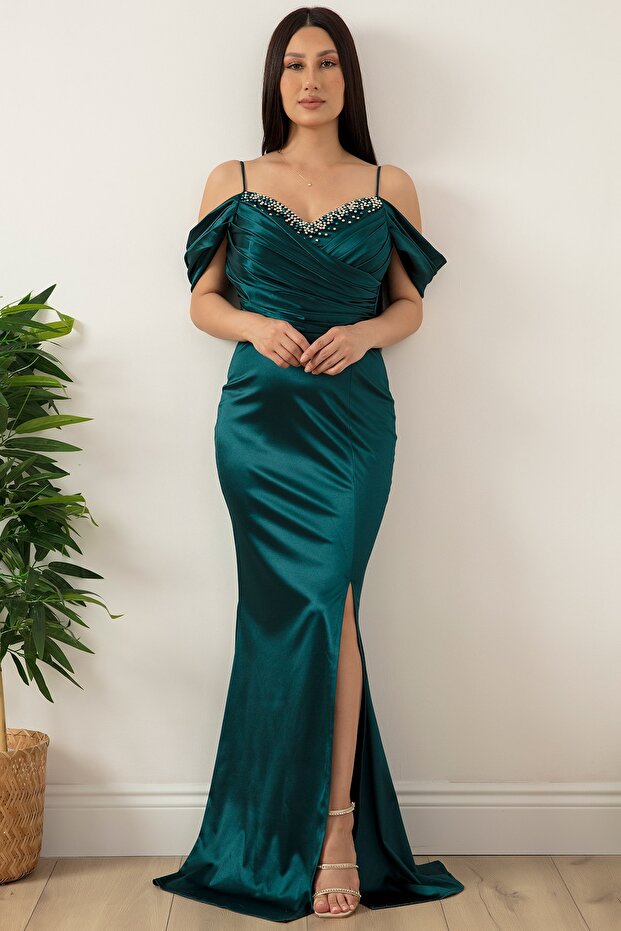 Göğüs Boncuklu Askılı Saten Elbise 39657 - 5