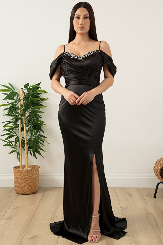 Göğüs Boncuklu Askılı Saten Elbise 39657 - 1