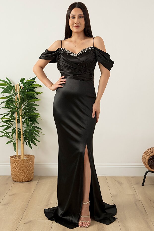 Göğüs Boncuklu Askılı Saten Elbise 39657 - 4