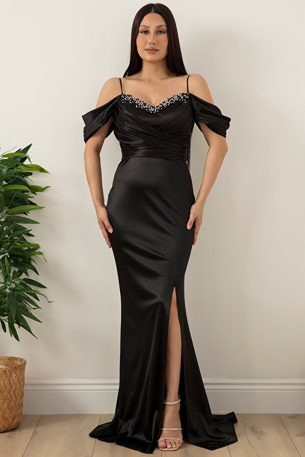 Göğüs Boncuklu Askılı Saten Elbise 39657 - 6