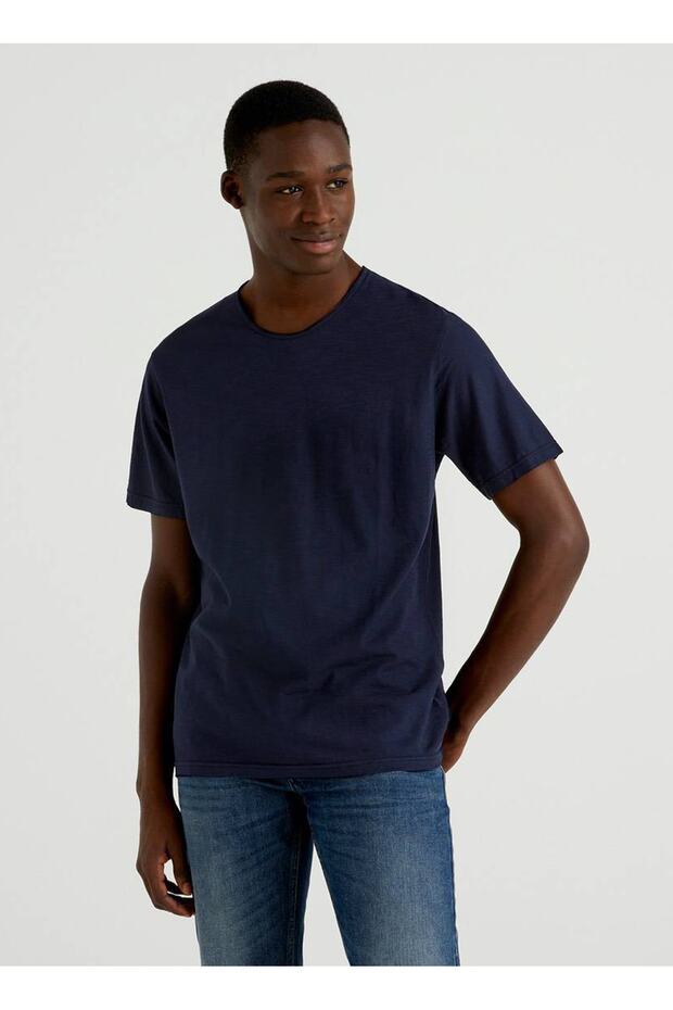 Crew Neck Navy Blue Men's T-Shirt 123P3Je1J19A5