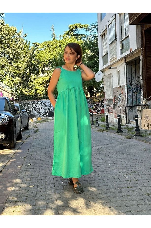 Yeşlil Maxi Boy Askılı Yazlık Uzun Elbise-M - 1