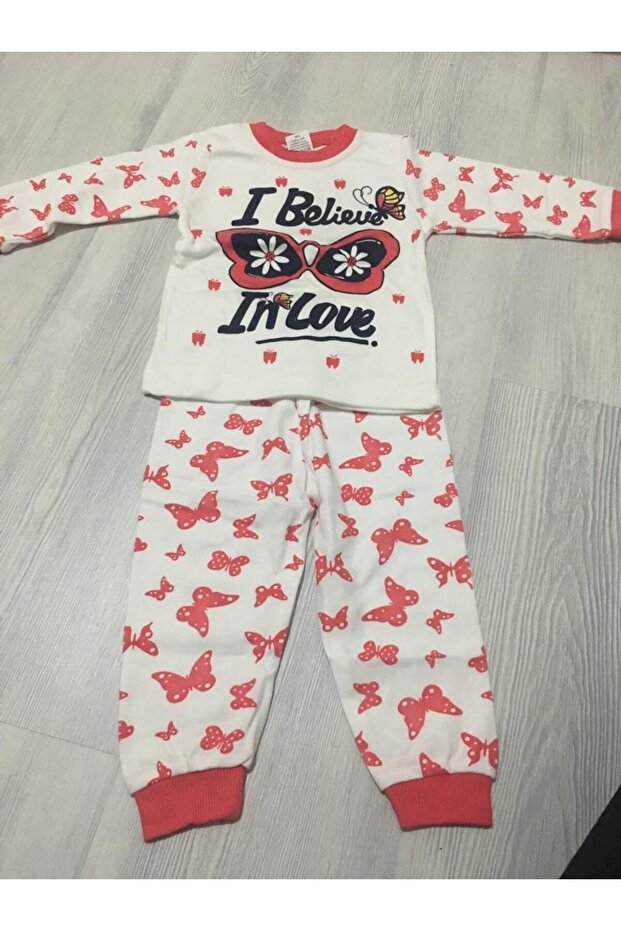 Supermini 53-50-23 Butterfly Patterned 2-Piece Girls Pajama Set 1-3 Years
