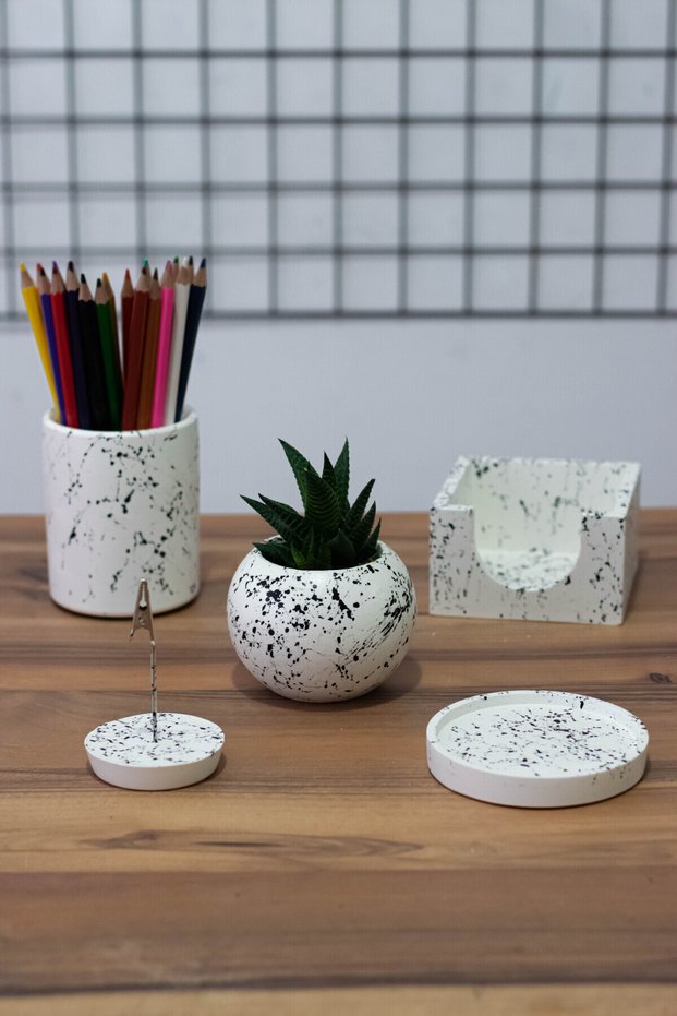 CONCRETE OFFICE SET PEN HOLDER POT NOTE TAKER CUP RACK NOTEBOOK HOLDER CACTUS