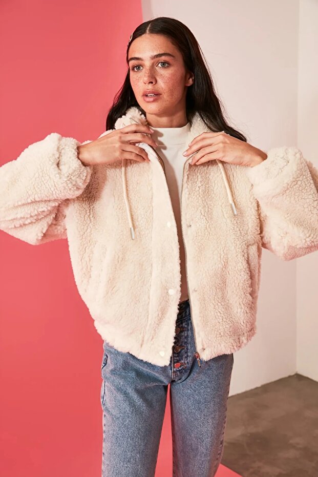 Taş Oversize Kalıp Fermuarlı Peluş Ceket Mont TWOAW21MO0132 - 3