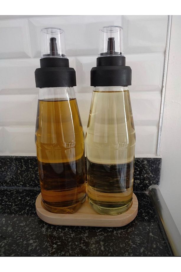 Büyük Boy Damlatmaz Akıllı Ahşap Standlı 3 Parça Cam Yağlık Seti - 720 ml - 5
