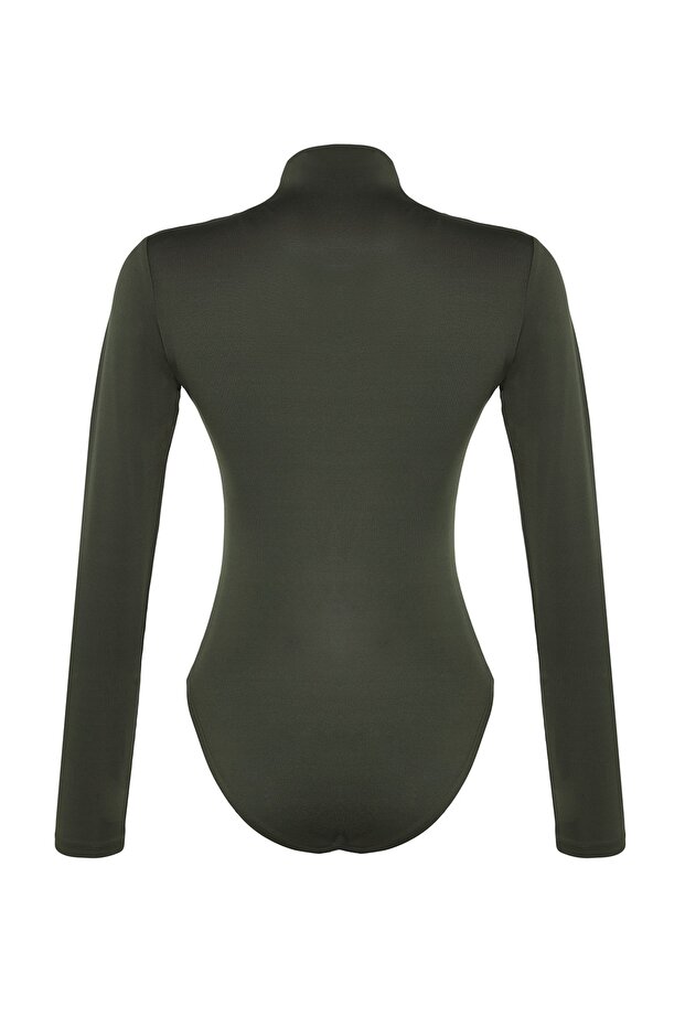 Khaki Gather Detailed Stand Collar Stretch Knitted Body with Snap Fasteners TWOAW24BD00014 - 7