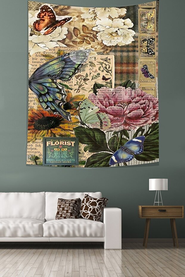 Vintage Journal Themed Butterfly Carnation Patterned Stain Resistant Fabric Wall Cover Wall Carpet Tapestry