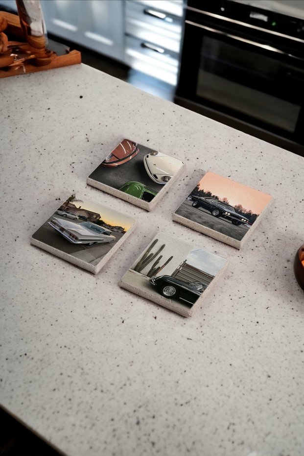 Classic Nostalgia Cars Themed Natural Stone Travertine Coasters Set of 4