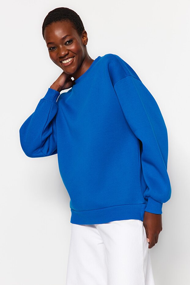 Saks Oversize/Rahat Kesim Basic Bisiklet Yaka Kalın/İçi polarlı Örme Sweatshirt TWOAW24SW00102 - 6
