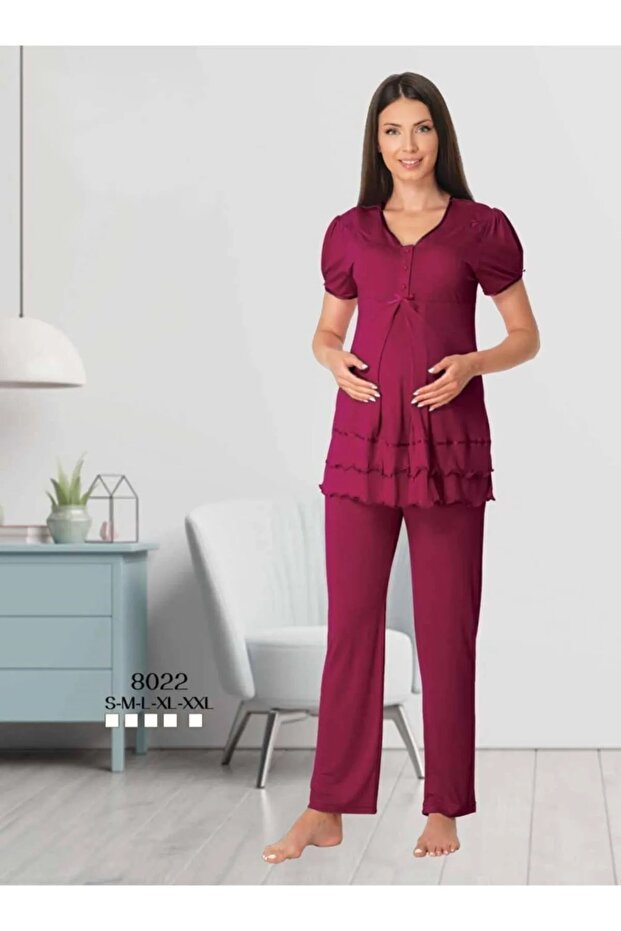 Women's Fuchsia Short Sleeve Wide Soft Maternity Maternity Pajamas Set