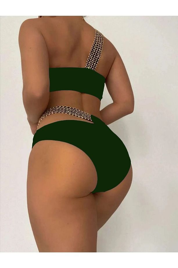 Kadın Yeşil Simli Tek Omuz Kurdele Nakış Lastik Detaylı Yüksek Bel Astarlı Şık Bikini Takımı - 3