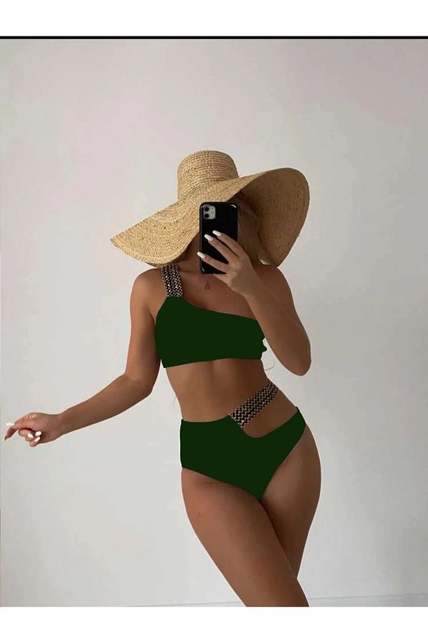 Kadın Yeşil Simli Tek Omuz Kurdele Nakış Lastik Detaylı Yüksek Bel Astarlı Şık Bikini Takımı - 5