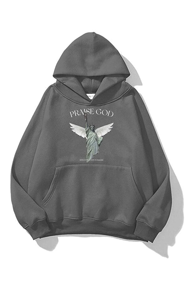 Plus Size Anthracite Praise God Printed 3 thread Oversize Hooded Sweatshirt - Hoodie