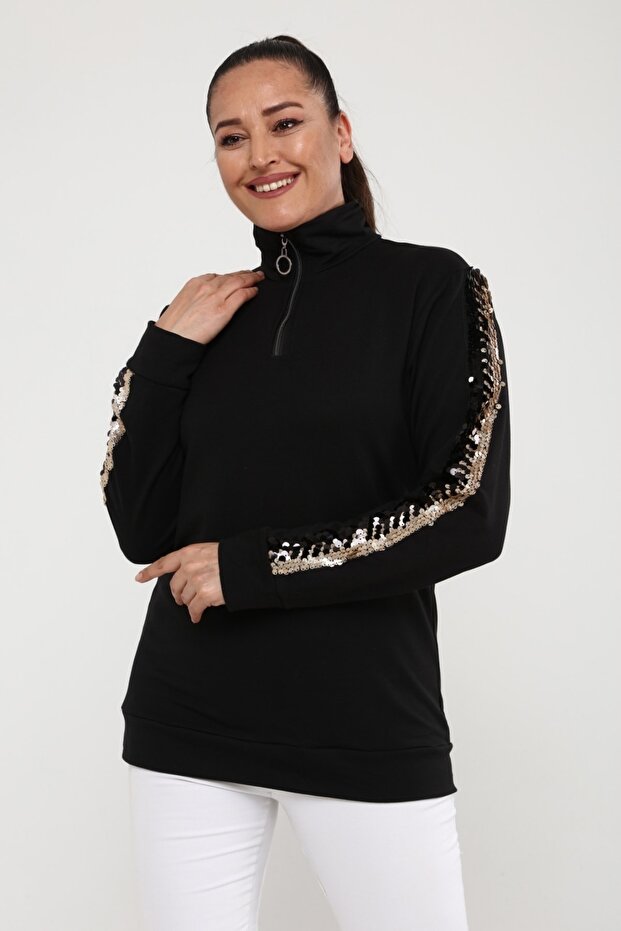 Kolüstü Pullu Aksesuarlı Fermuarlı Sweatshirt - 2