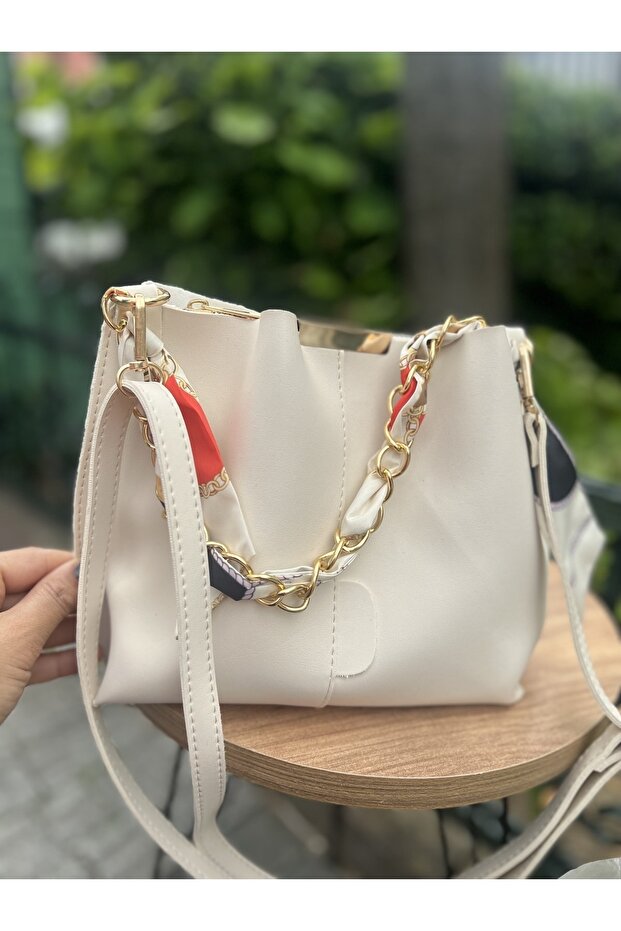 Women's White Scarf with Chain Accessories Soft Leather 3-Compartment Hand and Shoulder Bag