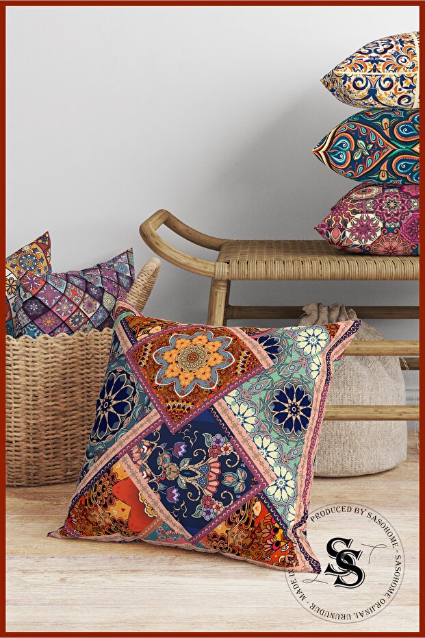 Patchwork Mandala Patterned Digital Printed Throw Pillow Cover - 4
