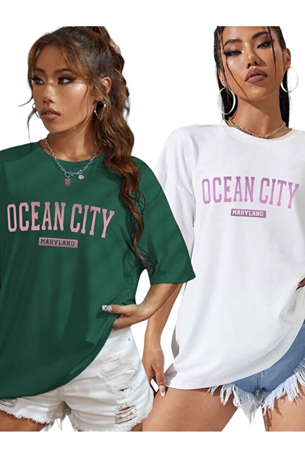 تي شيرت مطبوع كبير الحجم للجنسين من Ocean City عبوة من قطعتين