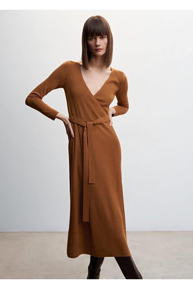 Bağ Detaylı Triko Elbise - 1