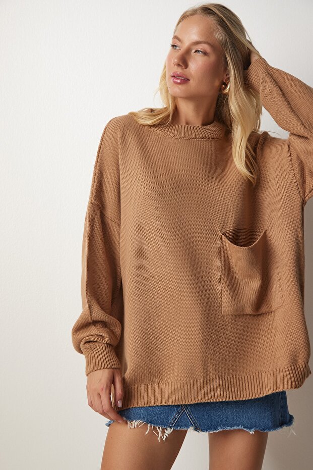 Women's Basic Knit Sweater with Biscuit Pocket Detail MX00125