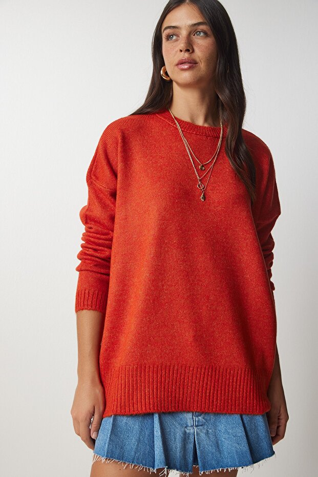 Women's Orange Crew Neck Oversize Knitwear Sweater BV00085