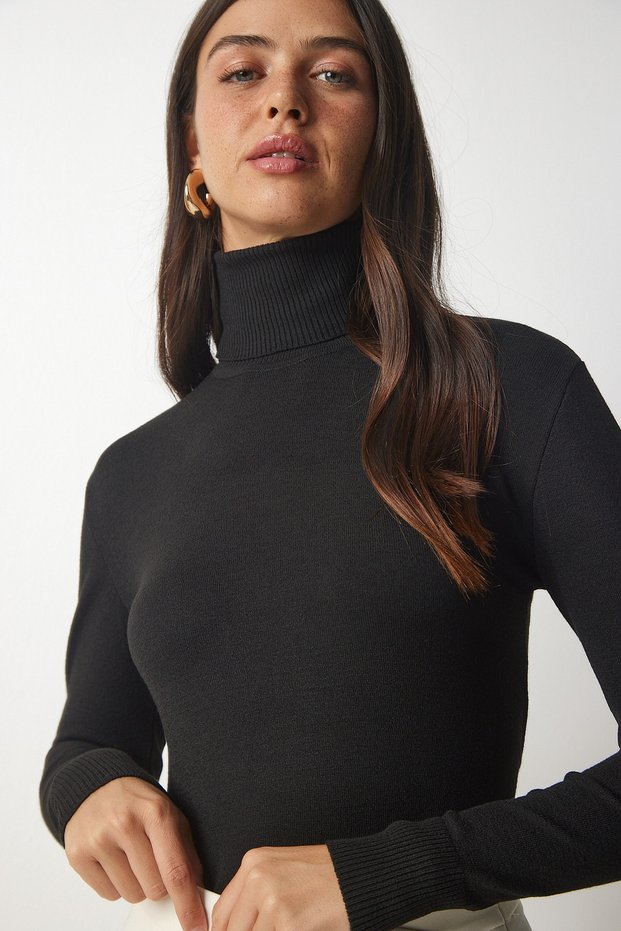 Women's Black Turtleneck Ribbed Knitwear Sweater bv00087