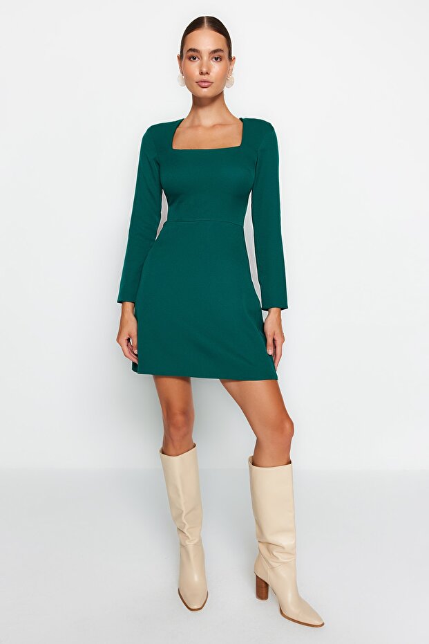 Emerald Green A-line Square Collar Mini Woven Dress TWOAW23EL00894