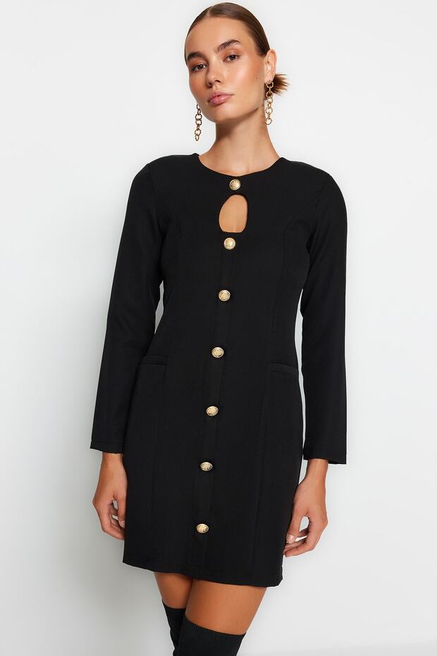 Černé rovné střihové detaily knoflíku mini tkané šaty s výstřihem TWOAW24EL00410 - 5